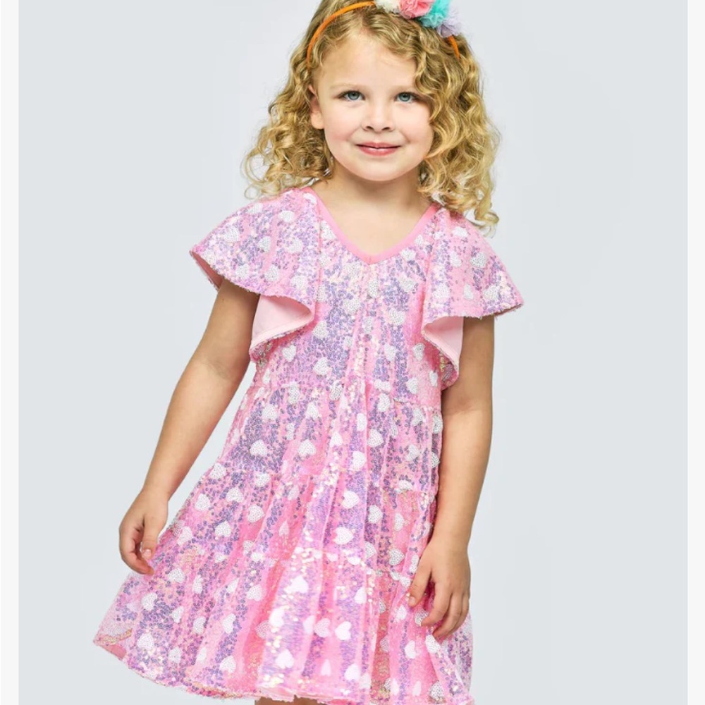 BABY SARA- PINK FLUTTER SLEEVE SEQUIN DRESS Pink Sequin Kids Dress 3T